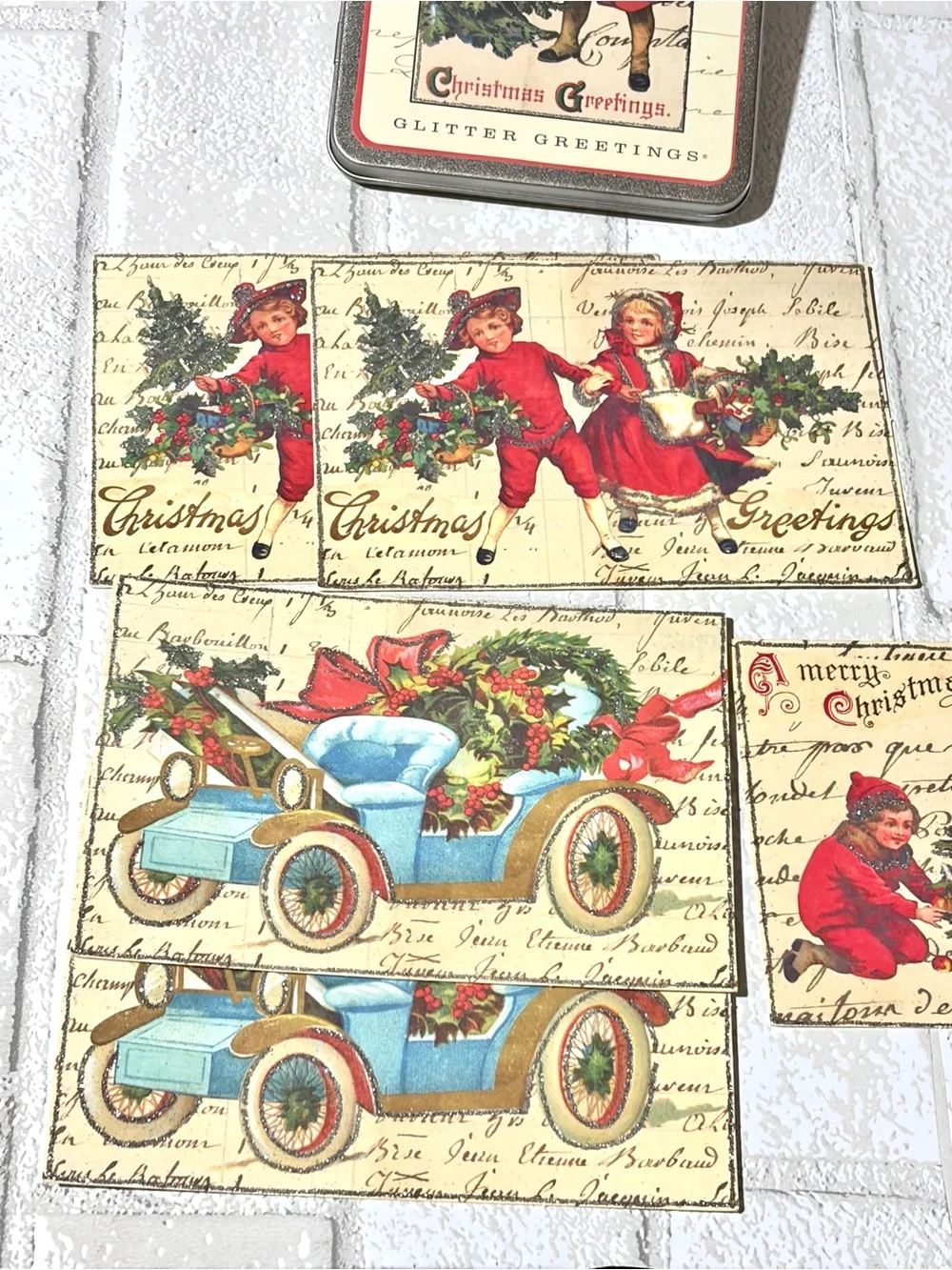 Cavallini 5 Cards & Vintage Theme Christmas Glitter Tin & Holiday Post Card Set